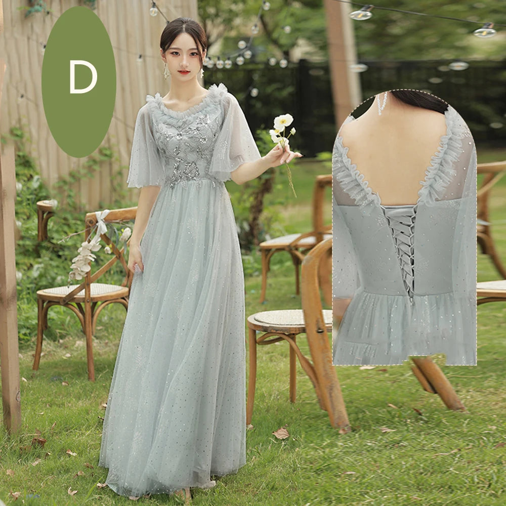 4 Styles Grey Bridesmaid Dress Women's Elegant V-neck Sequins Shawl Collar Slim A-line Gown Light Luxury Wedding Party Vestido - Seprincess