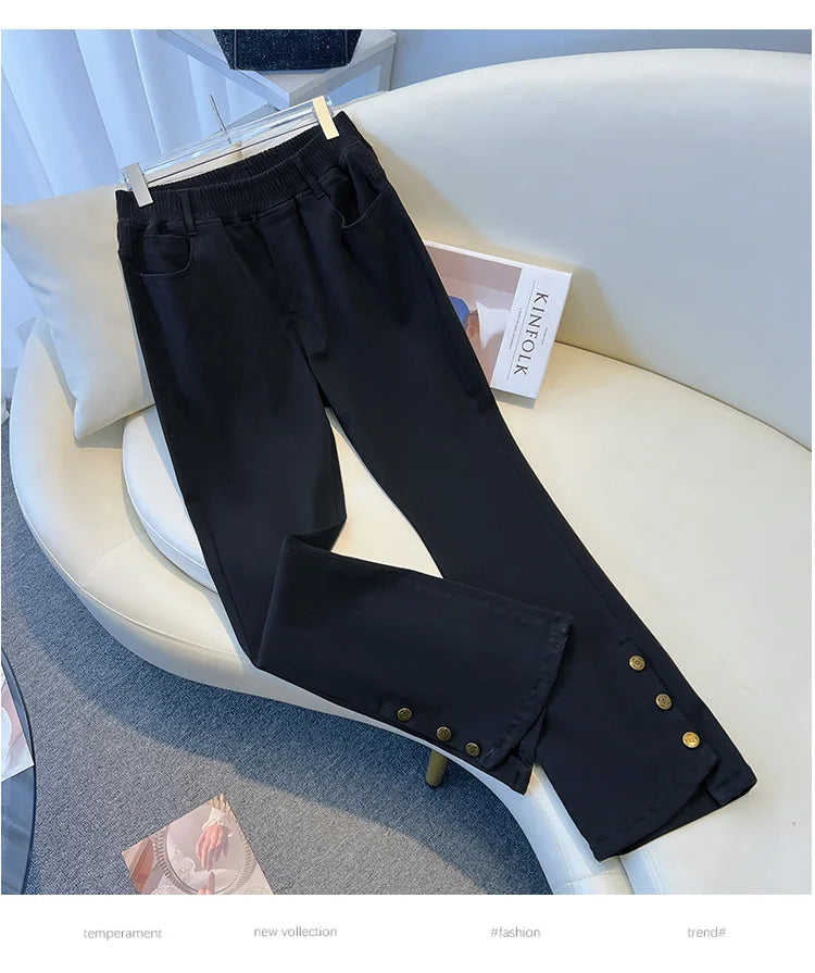 155Kg Plus Size Women's Jeans Hip 150-160 High Waist Casual Loose Flare Pants Trousers Black Black-Gray 5XL 6XL 7XL 8XL 9XL