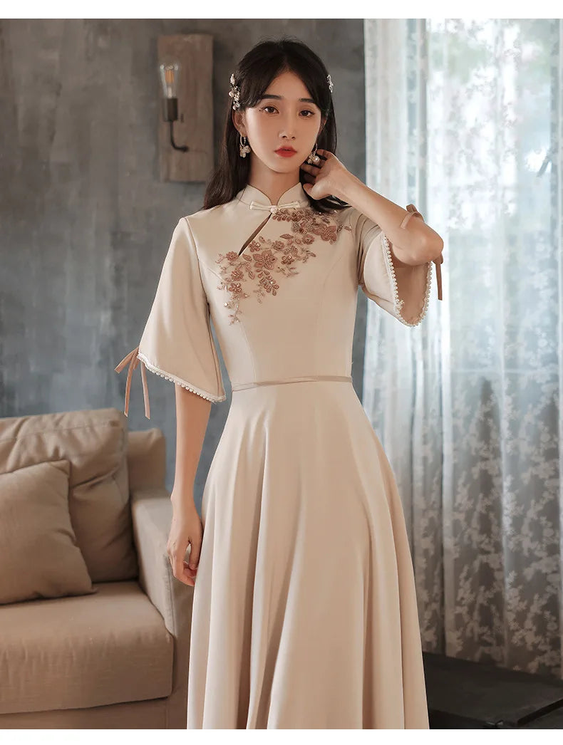 Slim A-line Mandarin Collar Qipao Female Chinese Styles Bridesmaid Dress Appliques Flower Pearl Cheongsam Party Prom Gown - Seprincess