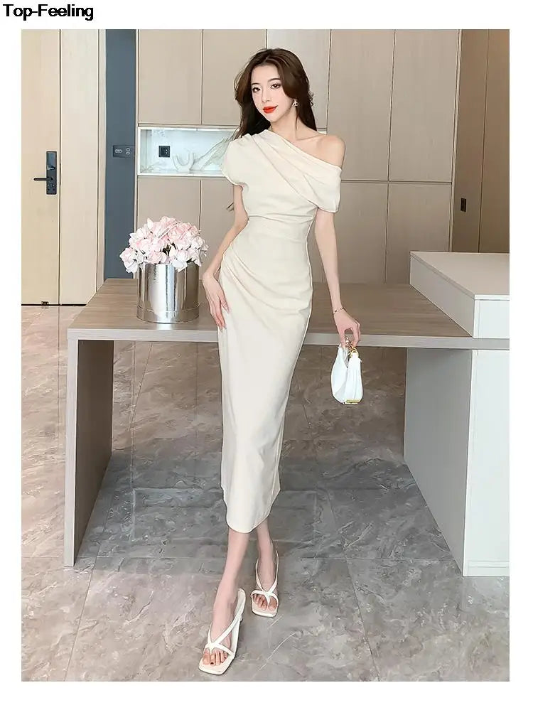 Elegant Off Shoulder Evening Party Dresses Women Summer Fashion Slim One Piece Solid Vestidos Korean Graduation Robe Clothing - Seprincess