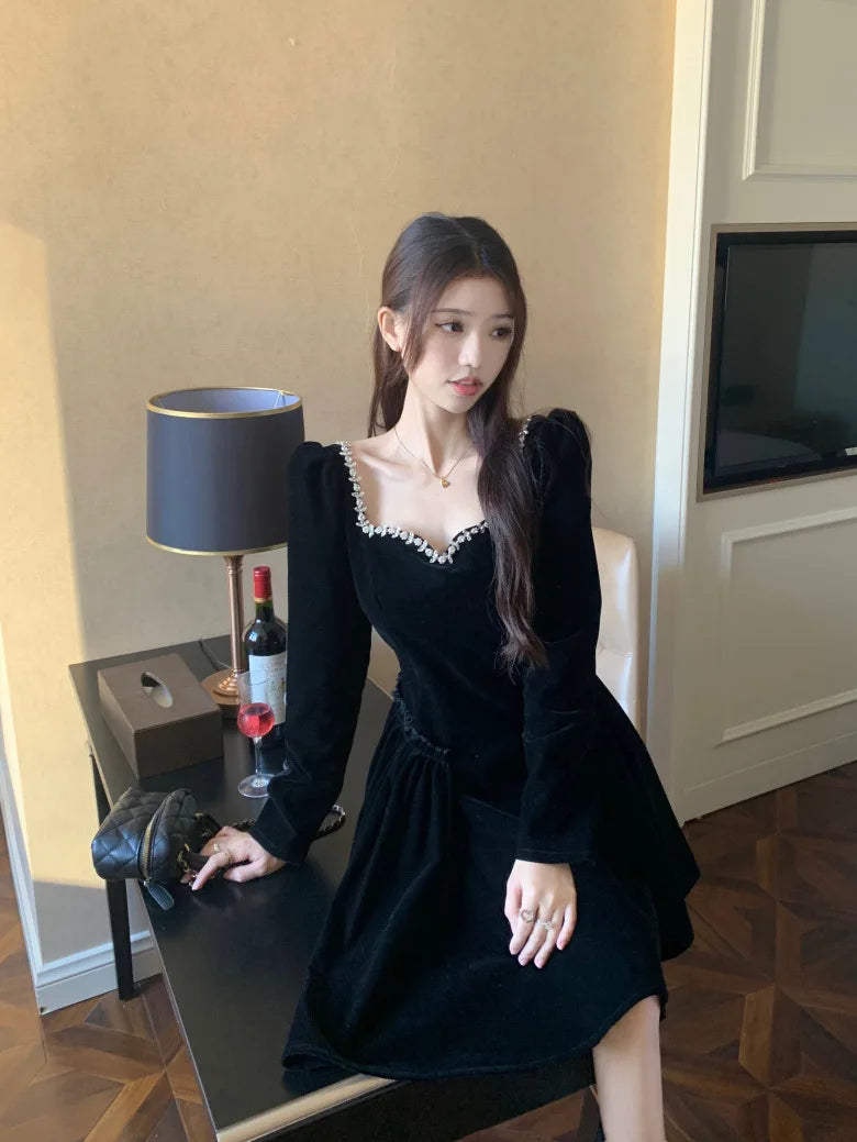 Woman's Party Evening Engagement Velvet Dress Black Vintage Prom Birthday Red Dress Long Sleeves Formal Christmas Clothing Robe - Seprincess