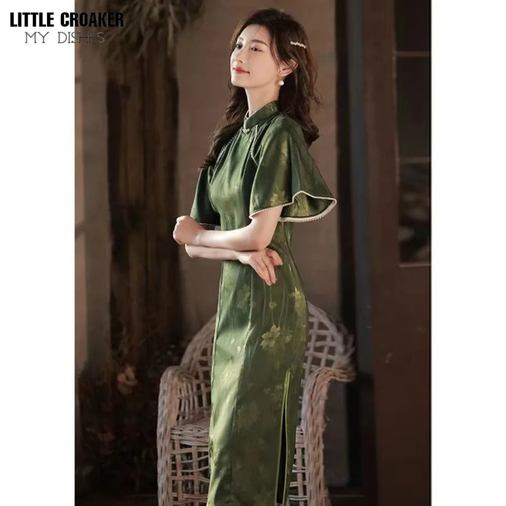 Cheongsam Dress Modern 2024 Women Improved Qipao New Long Waist Chinese Style Dress Sweet Green Chinese Dress Woman - Seprincess