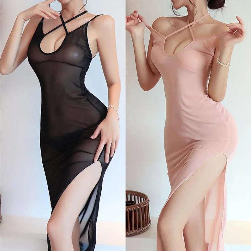 Dress Strap see through mesh long skirt Sexy costume open crotch Party dresses women dresses Autumn dress - Seprincess