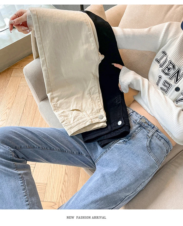 Rarely Hem Pants Spring High Waist Elastic Straight Barrel Jeans Women's Small Smoke Pipe