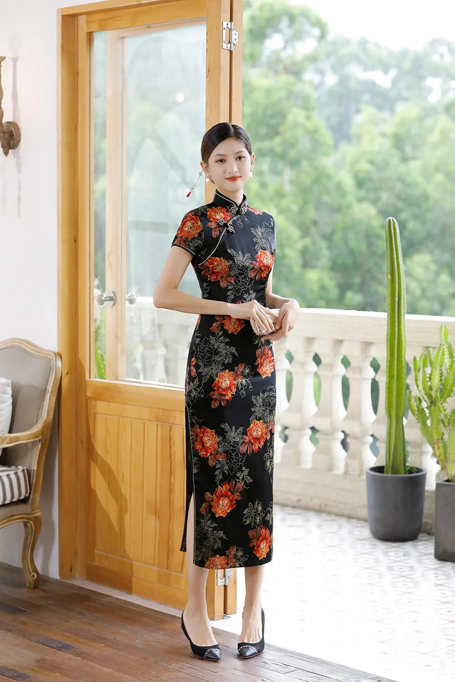 Chinese Style Cheongsams Woman Traditional Dress Floral Print Qipao Satin Vestido Para Mujer Slitting Hem Bodycon Large Size 5Xl - Seprincess