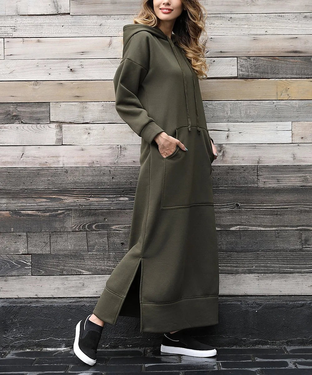 Women Dresses Autumn Winter hoodies Hooded Big Pocket Sweaters Dress Long Sleeved Casual Loose Elegant Office Lady Vestidos