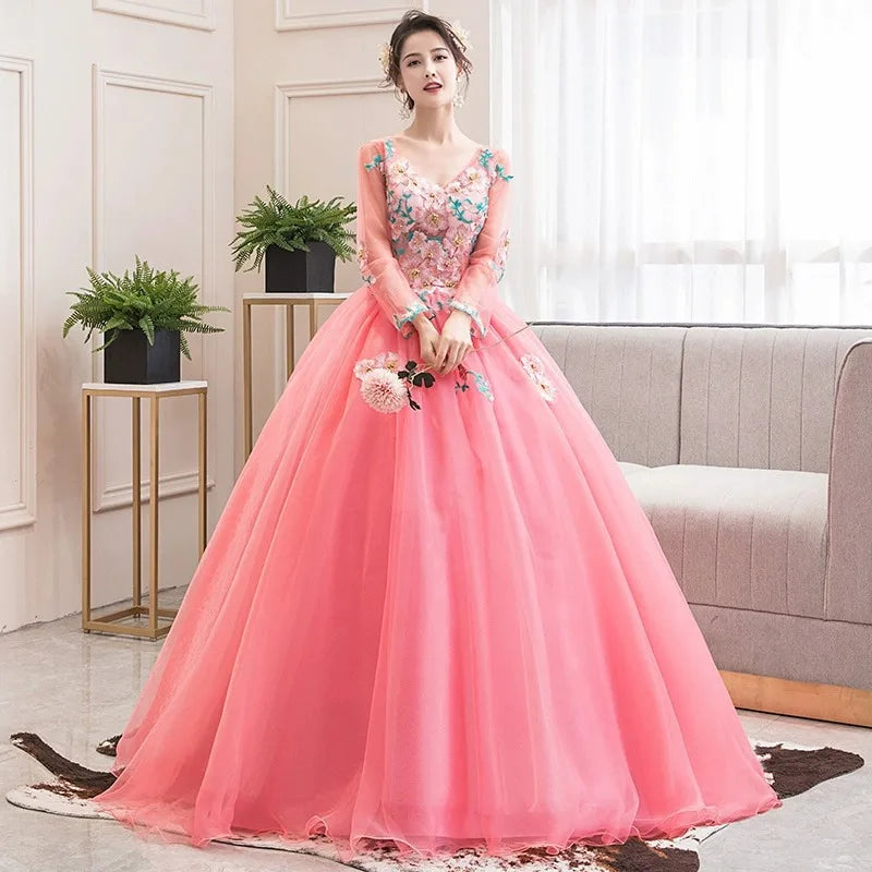 Ball Gown Women Quinceanera Dresses Tulle Appliques Long Sleeves Prom Birthday Masquerade Party Gowns robes de soirée - Seprincess