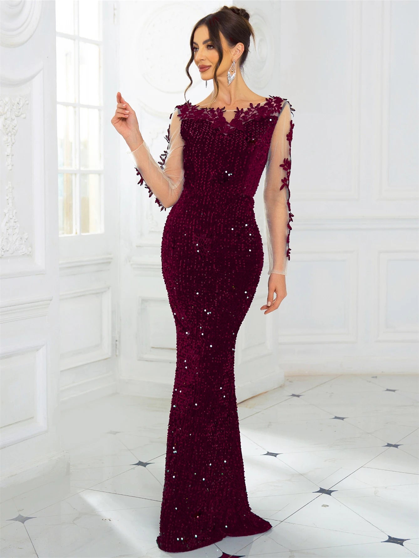 Women's Evening Maxi Dress Prom Gown Hollow Out Long Sleeve Lace Patchwork Sequined Velvet - Seprincess