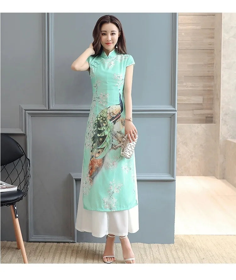 1pcs/lot Summer Elegant Slim Women Painting Cheongsam White Dress Qipao Chiffon Vintage Chinese Style Dress - Seprincess