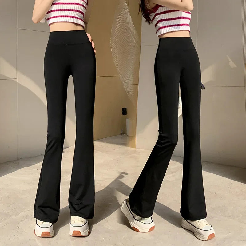 Female Black Leggings Thermal Tights Woman Flare Trousers High Waist Fleece Leggings Yogawear Casual Elastic Bell-bottom Pants