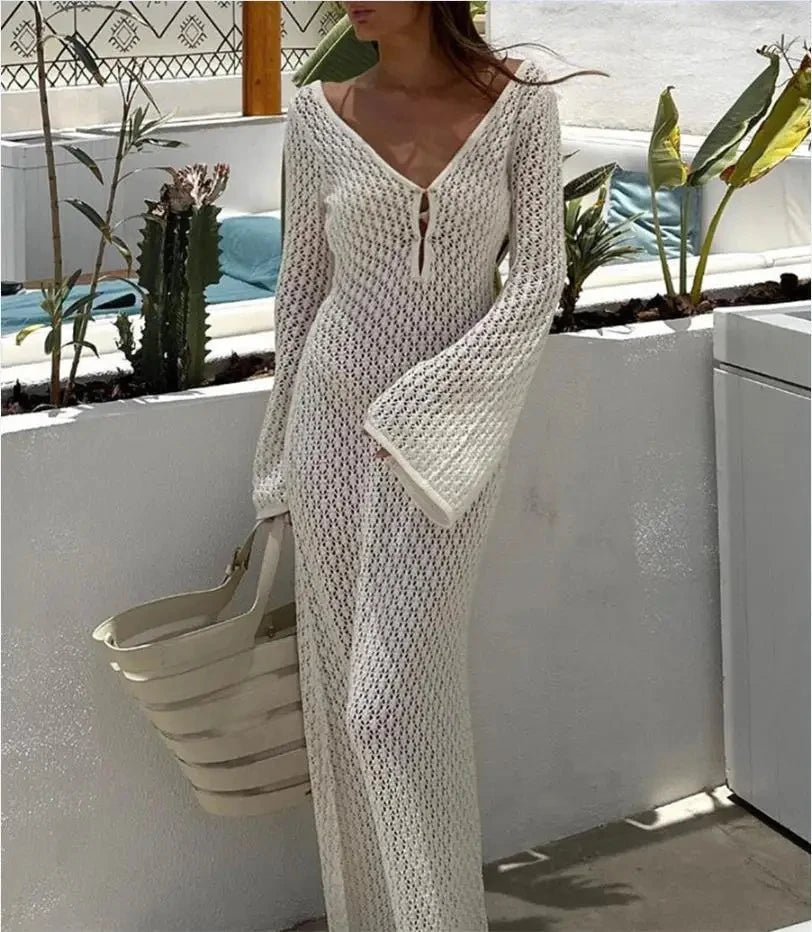 Sexy Women Long Knit Beach Dress Hollow-Out Deep V-Neck Long Sleeve Bikini Cover-Ups Dress Fall Backless Holiday Dress - Seprincess