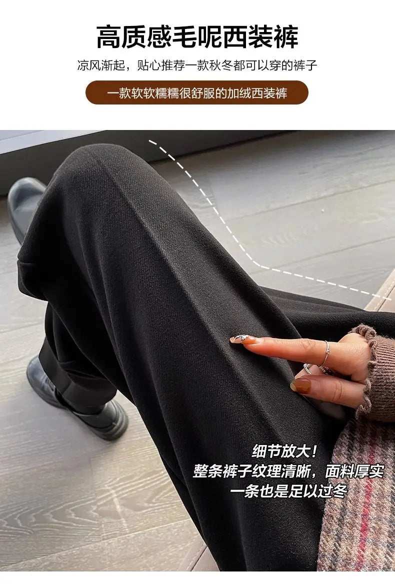 Simplicity Autumn Women Woolen Suit Pants Solid Pockets Button Elastic High Waist Fashion Straight Thicken Ankle Length Trousers