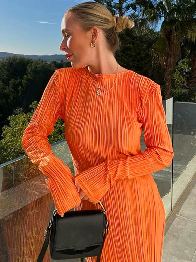 Hawthaw Women Fashion Long Sleeve Streetwear Bodycon Orange Midi Dress 2022 Autumn Clothes Wholesale Items For Business - Seprincess