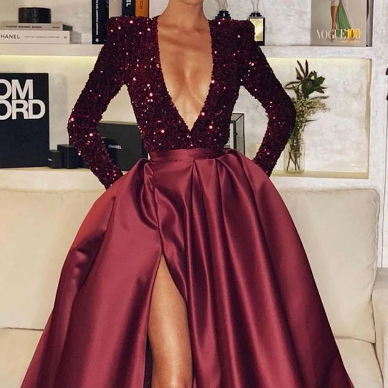 2023 New arrival fashion sequins sexy V-neck slim fit evening dress long sleeved elegant split tailing gown women clothing - Seprincess