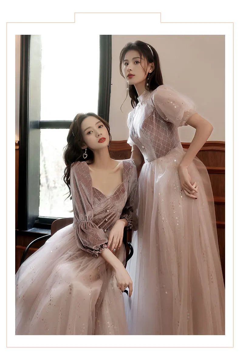 Autumn Winter Bridesmaid Dress New Women's Long Sleeve Corduroy Lace Splicing Style Dress Wedding Sisters Group Evening Dresses - Seprincess