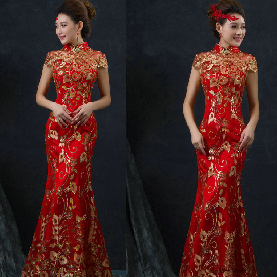 Red Chinese Wedding Dress Female Long Short Sleeve Cheongsam Gold Slim Chinese Traditional Dress Women Qipao for Wedding Party - Seprincess