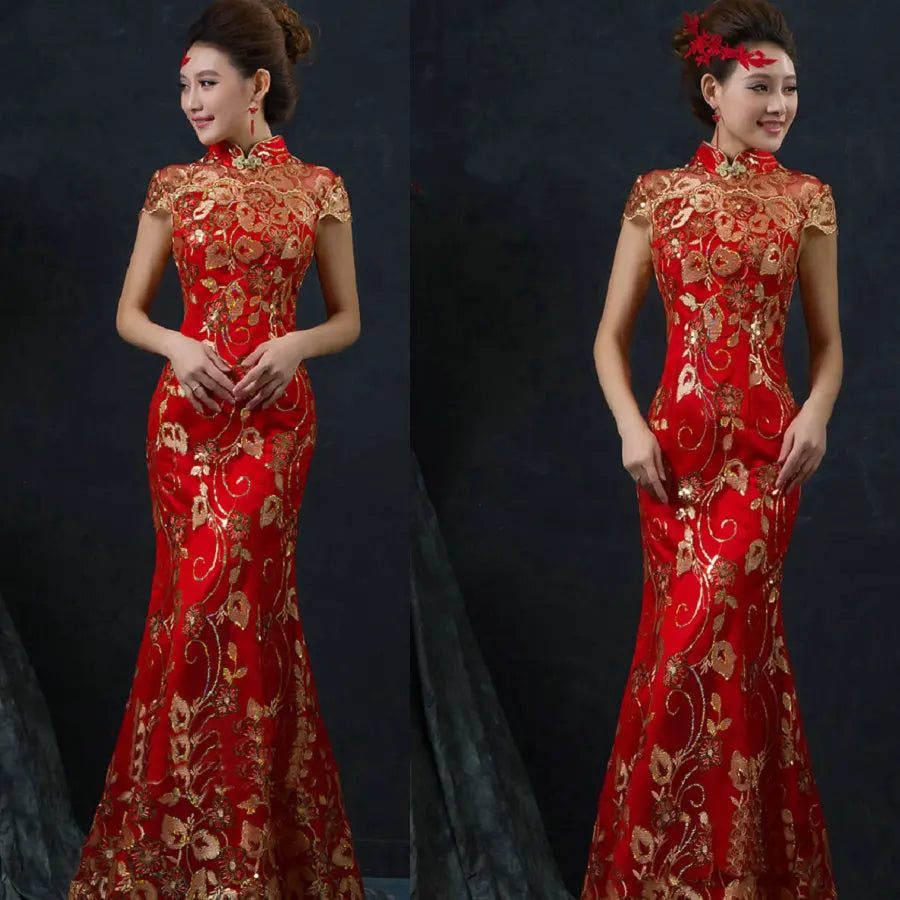 Red Chinese Wedding Dress Female Long Short Sleeve Cheongsam Gold Slim Chinese Traditional Dress Women Qipao for Wedding Party - Seprincess