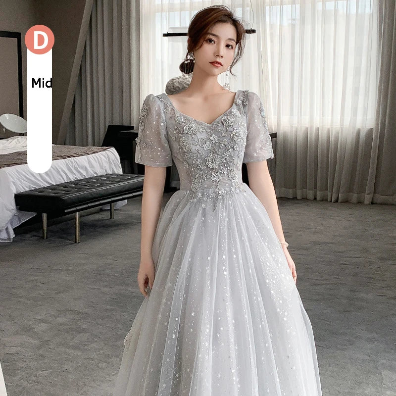 Bridesmaid Dress Temperament Lantern Sleeve Sequin Party Dress Fairy Stage Performance Dress Elegant Banquet Dress A-Long Dress - Seprincess