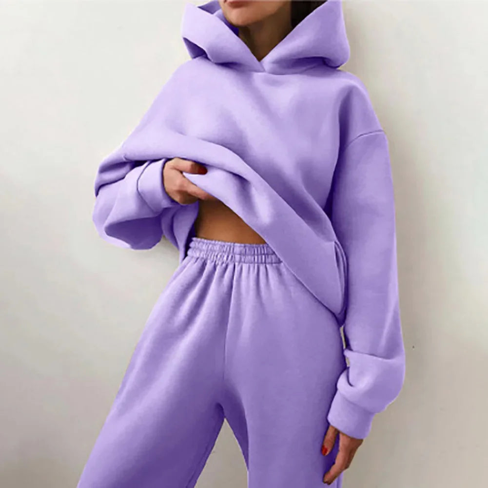 Stylish 2 Piece Women Tracksuit Autumn Winter Hoodies Top Pant Sweatshirts Sweatpants Jogging Pant Outfits Solid Color - Seprincess