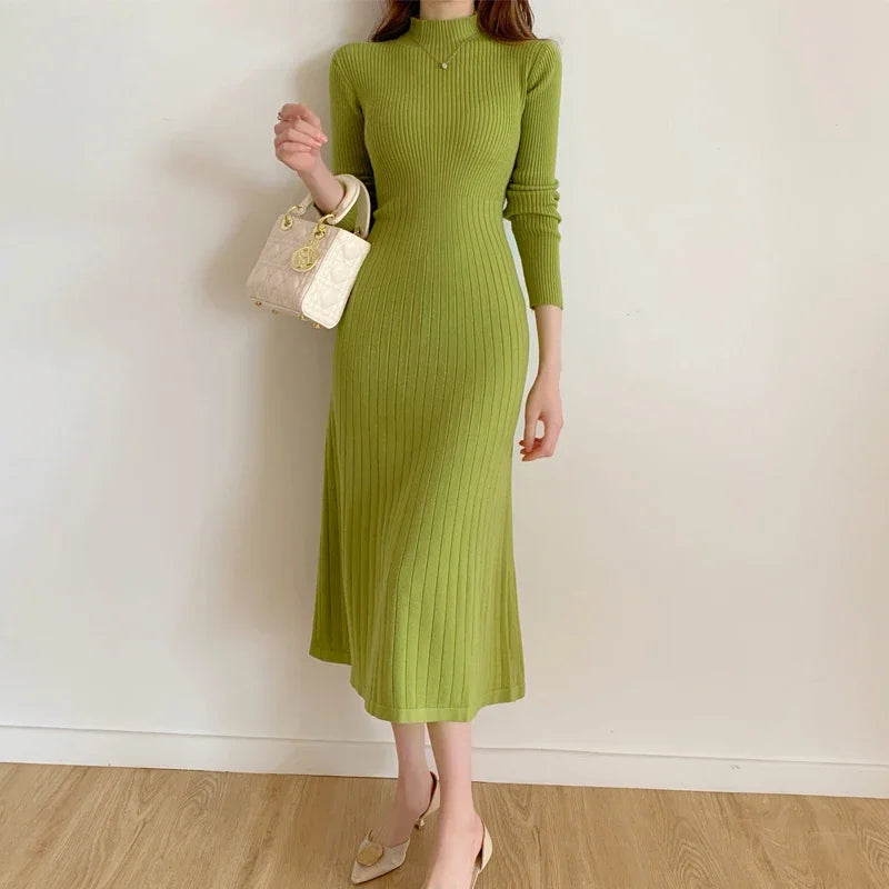 Autumn Winter 2024 Slim Long Sleeve Party Midi Dress for Women Knitted Half High Collar Elegant Knitted Sweater Dresses Ladies - Seprincess