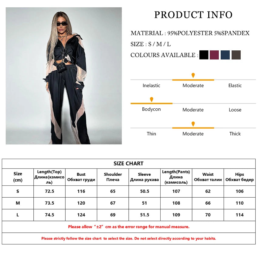 Oymimi Fashion Black Satin Patchwork 2 Piece Set Women Outfit Streetwear Long Sleeve Shirt With High Waist Pant Sets Y2k Clothes - Seprincess