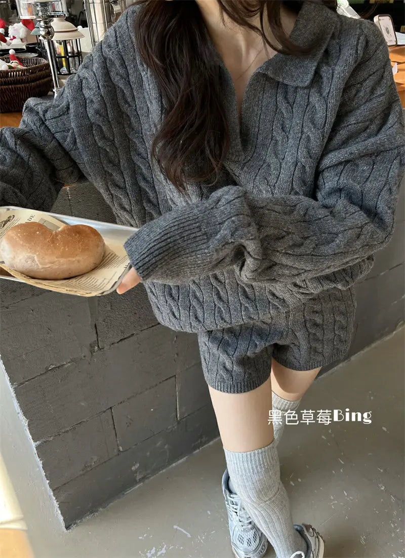 Korean Style Premium Knited Sweater Loose Casual Polo Neck Pullover Women Top Shorts Autumn WinterTwo Piece Set Women Outfits - Seprincess