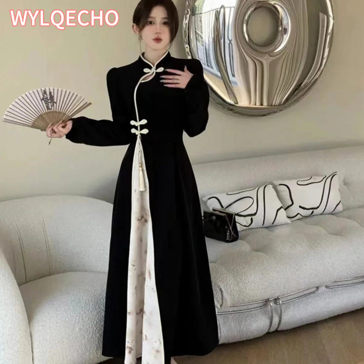 Modern Qipao Improved Cheongsam Chinese Dress Traditional Women's Clothing Autumn Winter Dark Patterned Jacquard Long Sleeve - Seprincess