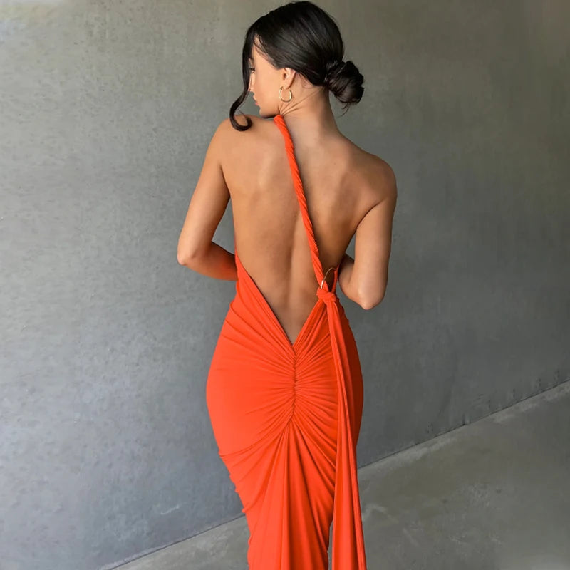 2023 One Shoulder Backless Adjustable Scarf Loop Ruched Sexy Maxi Dress Women Elegant Y2K Streetwear Festival Outfit