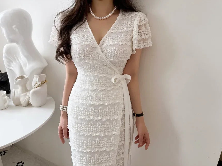 Women Elegant Bodycon Dress Summer Sexy V-neck Short Sleeve Korean Long Dresses Ladies Vintage Solid White Black Long Robe - Seprincess