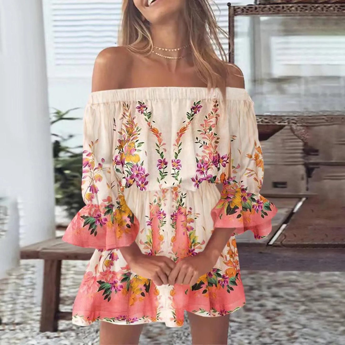 Boho Dresses for Women 2023 Summer Sexy Off Shoulder Floral Print Flare Sleeve Tunic Dress Women Casual Mini Sundress Vestido - Seprincess