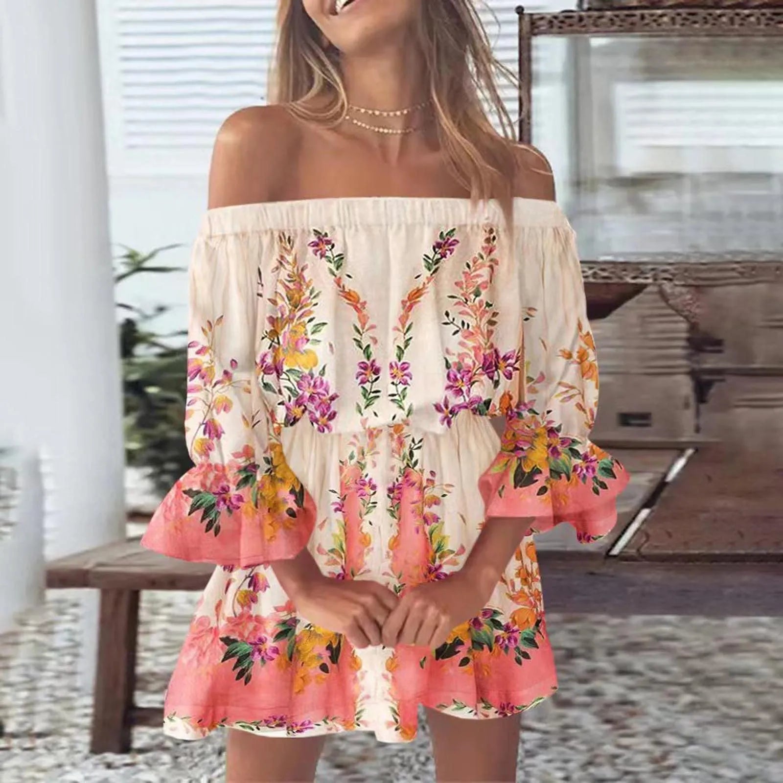 Boho Dresses for Women 2023 Summer Sexy Off Shoulder Floral Print Flare Sleeve Tunic Dress Women Casual Mini Sundress Vestido - Seprincess