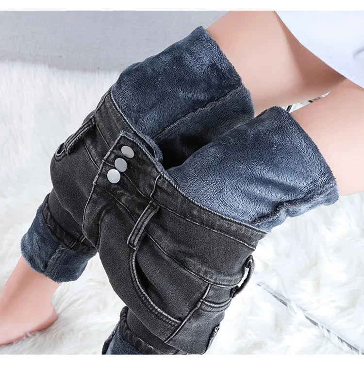 2023 Winter New Women's High-Waisted Elastic Korean Style Slimming Thickened Warm Fleece-Lined Jeans Outer Wear Small Foot Trous