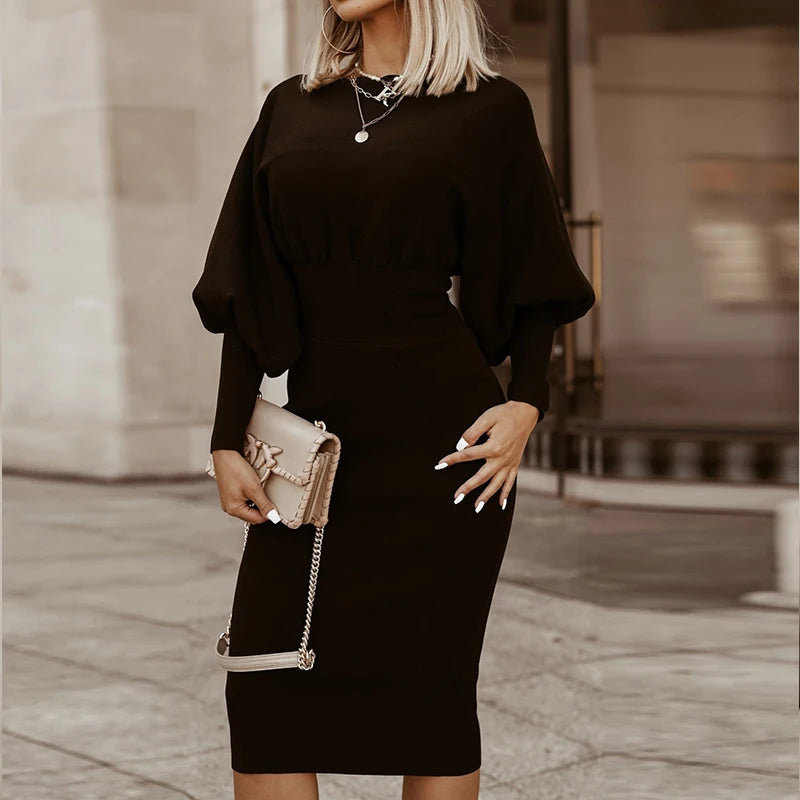 Women Elegant Office Lantern Sleeve Party Dresses Ladies O Neck Bodycon Dress Autumn Winter Solid  Midi Dress 2024 Vestidos - Seprincess