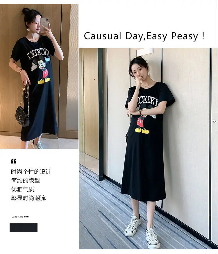 Disney Dongdaemun Maternity Dress Short Sleeve T-shirt Skirt 2022 Summer Cartoon Mickey Printed Summer Dress Fashion - Seprincess