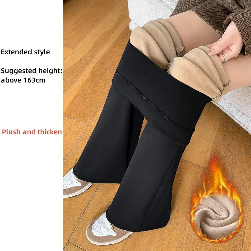 Women High Waist Flare Pants Winter Plush Warm Skinny Slimming Micro Horn Trousers Shark Pant Elegant Office Ladies Tights Y2k