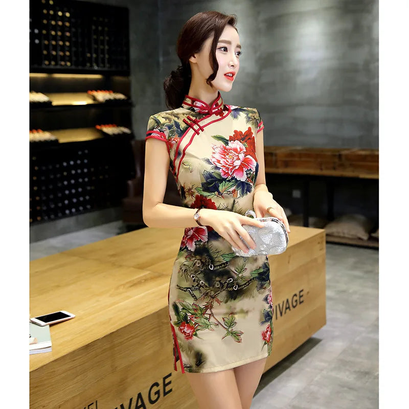 Traditional Chinese Dress Vintage Cheongsam Sexy Short Qipao Print Flower Women Rayon Dresses Classical Vintage Button Vestidos - Seprincess