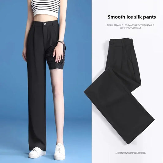 Plus Size High-waisted Thin Black Casual Trousers Women's Summer Ice Silk Bell Bottoms Straight-leg Pants For Ladies