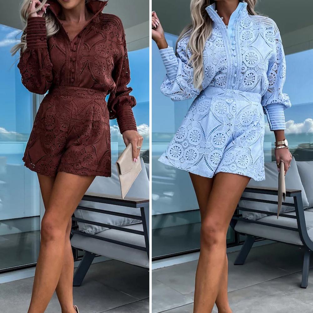 2Pcs/Set Women Outfit Blouse Long Sleeve Single Breasted High Waist Embroidery Hollow Lace Shirt Wide Leg Women Shorts Set - Seprincess