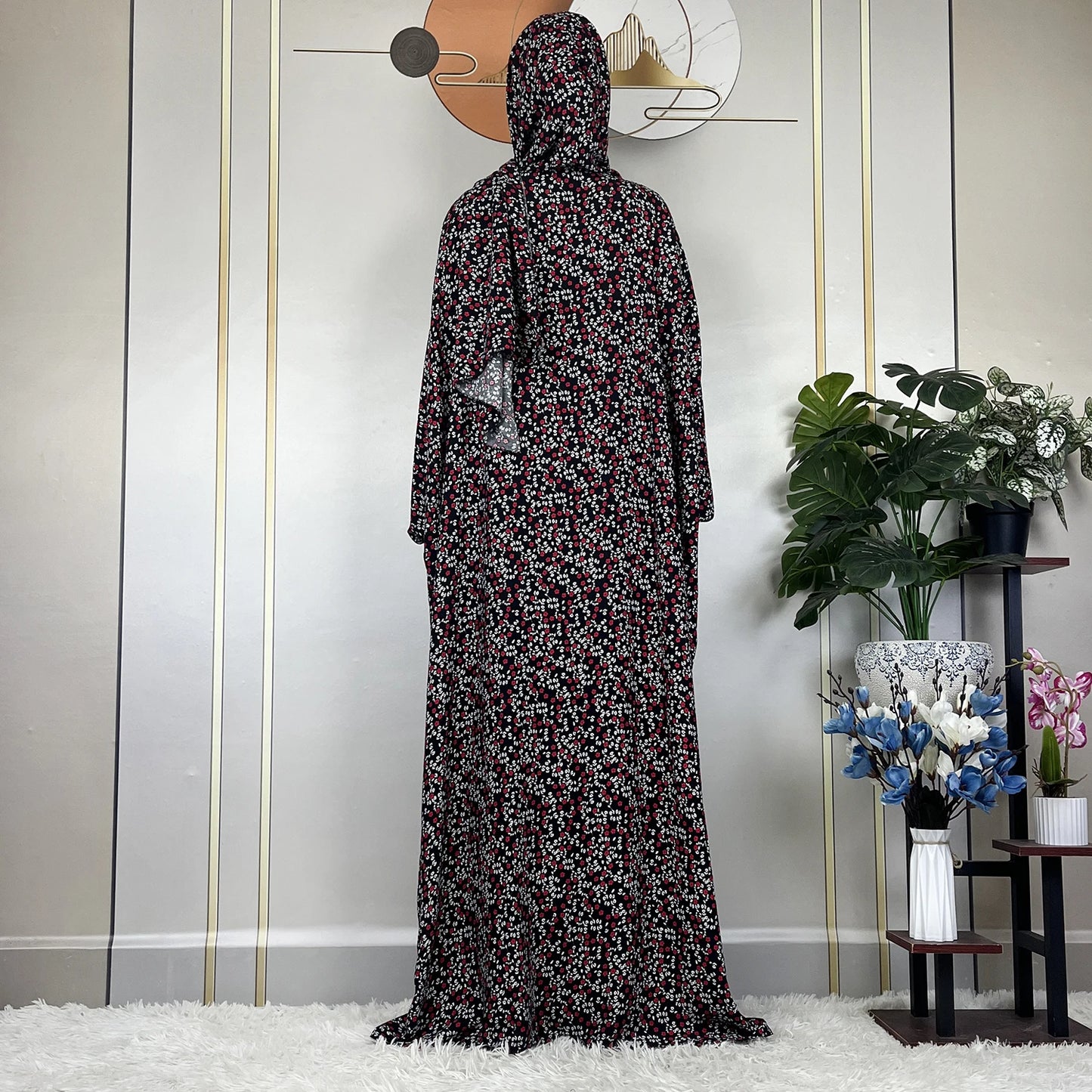 2024Latest Muslim Abayas For Women Ramadan Prayer Maxi Dubai Turkey Femme Cotton Robe Floral Loose African Dress Turban Attached