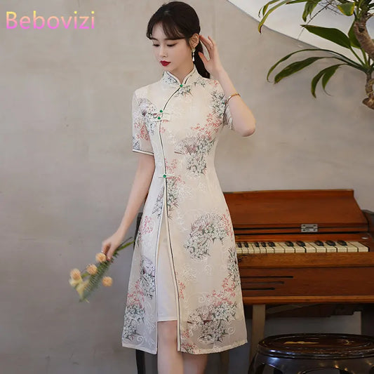 Retro Traditional Chinese Short Sleeve Cheongsam Clothing for Women Summer Modern Elegant Qipao Evening Dress - Seprincess