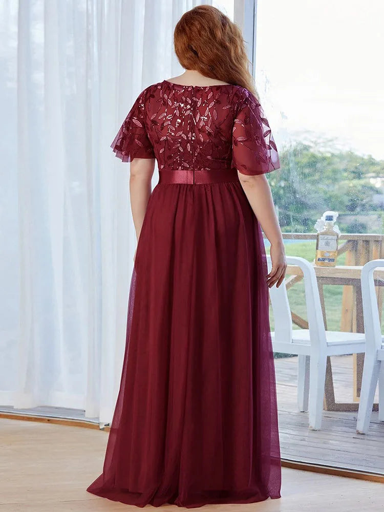 2023 NEW Plus Size Dress  Robe De Soiree Sparkle Evening Dresses Long A-Line O-Neck Short Sleeve LONG Formal Dresses - Seprincess