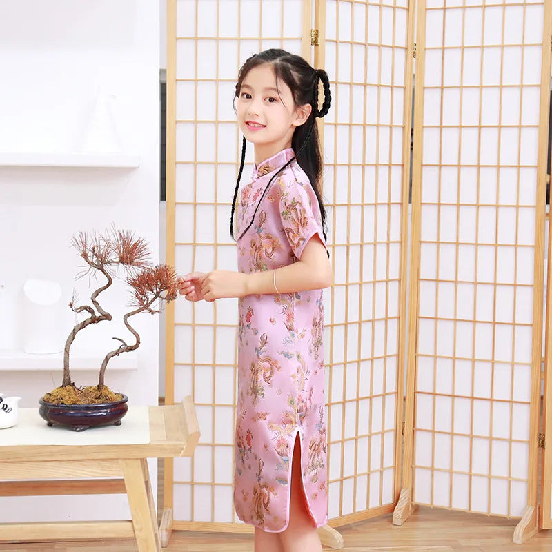 Summer Children Cheongsam Dragon Phoenix Embroidery Qipao Princess Dress Chinese Style Dresses New Year Qipao Gift Tang Clothes - Seprincess