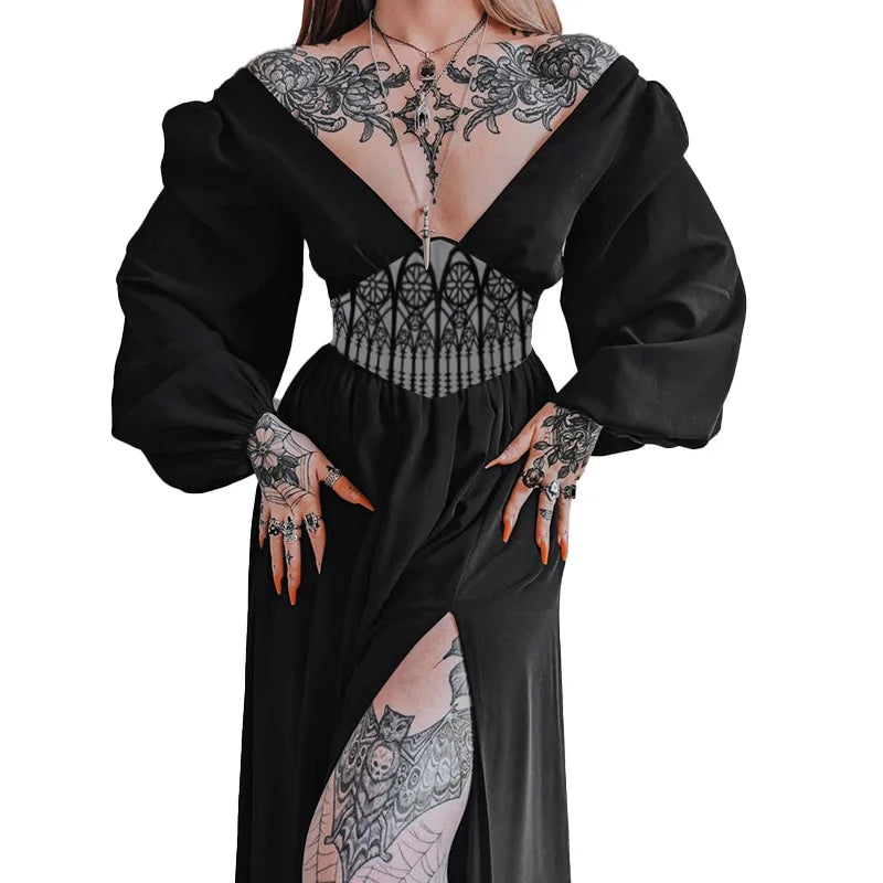 Fashion Hipster Slim Print Waist Big V-neck Dress Woman Halloween Party Black Dress Mysterious Witch Renaissance Daily Cosplay - Seprincess