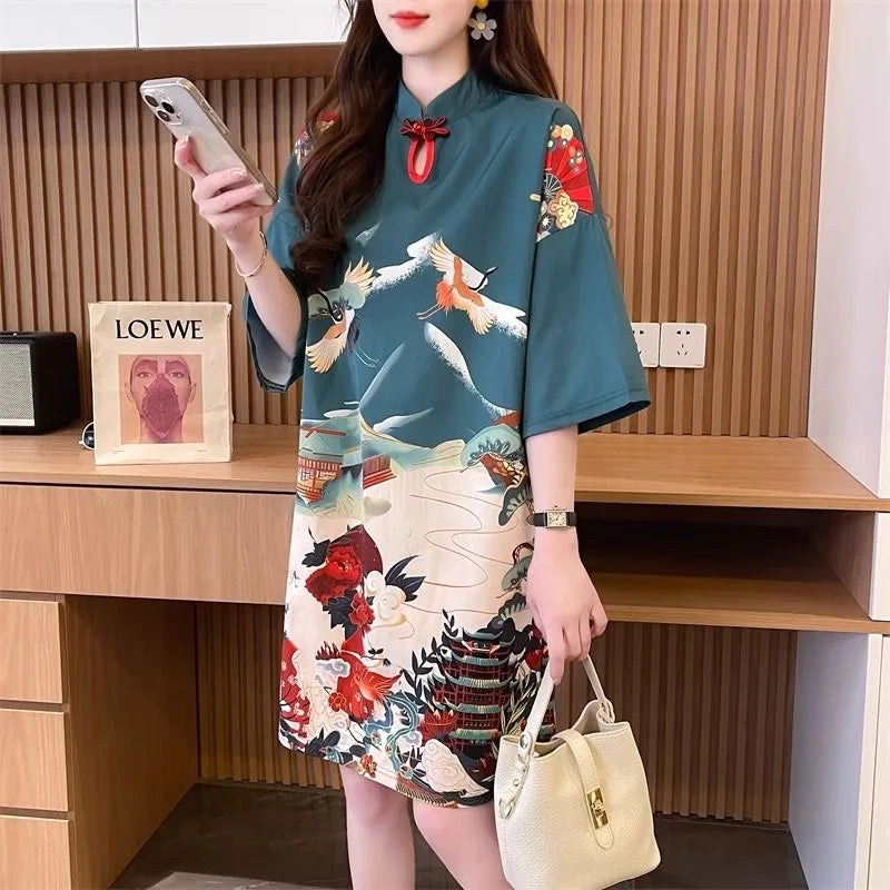 Chinese style modified cheongsam short-sleeved t-shirt women's summer large 300 jins tide design sense of loose fat mm uppe - Seprincess