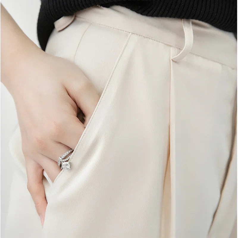 Summer Autumn Women's Pants Loose Classic Black Straight High Waist Casual Silk Satin Wide Leg Trousers for Women drape effect