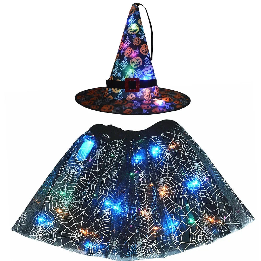 Women Kids Girl Luminous LED Glow Light Up Elf Witch Hat Star Skirt Spider Web Tutu Wizard Costume Party Gift Halloween Festival - Seprincess