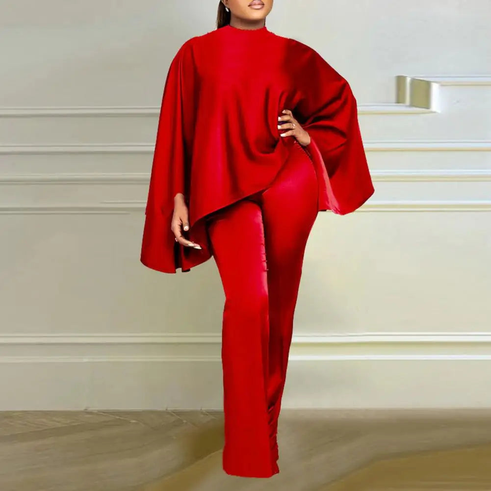 2Pcs/Set Women Faux Satin Outfit O-Neck Long Batwing Sleeve Loose Tops High Waist Long Pants Set Solid Color Elastic Outfit - Seprincess