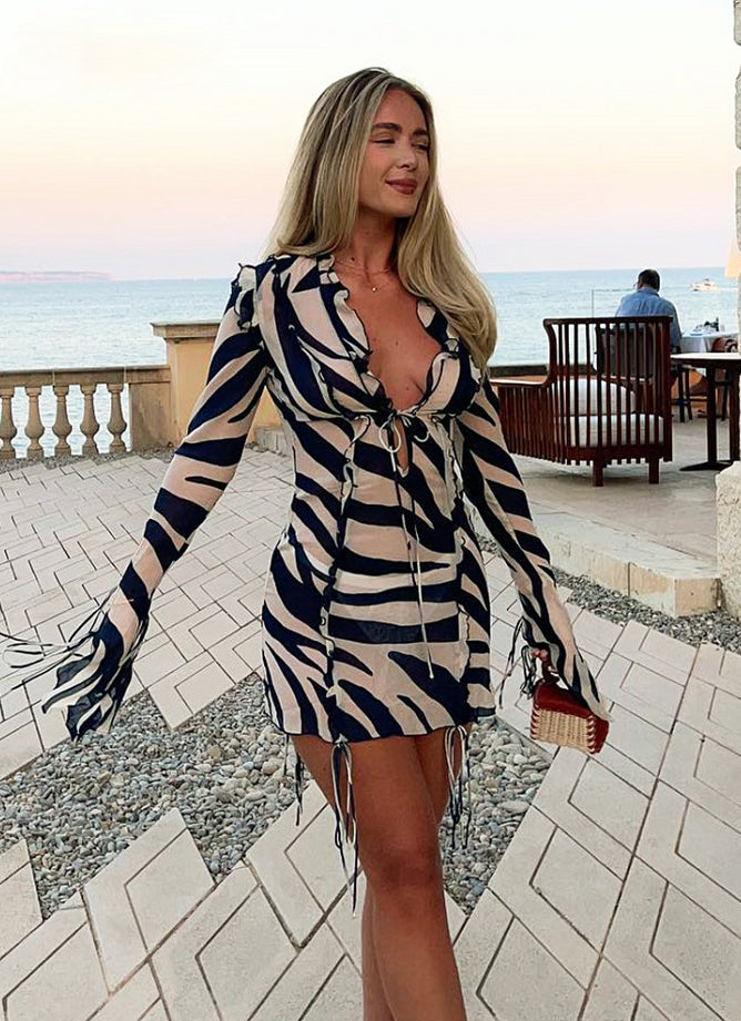 Zebra-Striped Long Sleeve Mini Beach Dress Holiday Casual Party Ruffle Collar Tie Up Short Dress Women Sexy A-Line Dress - Seprincess