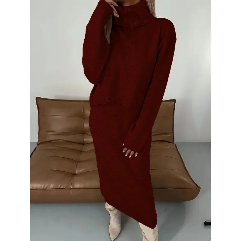 Autumn Winter Women Two Piece Skirt Set Elegant Fashion Knitted Long Sleeve Turtleneck Pullover Top Loose Skirt Suit Outfits - Seprincess