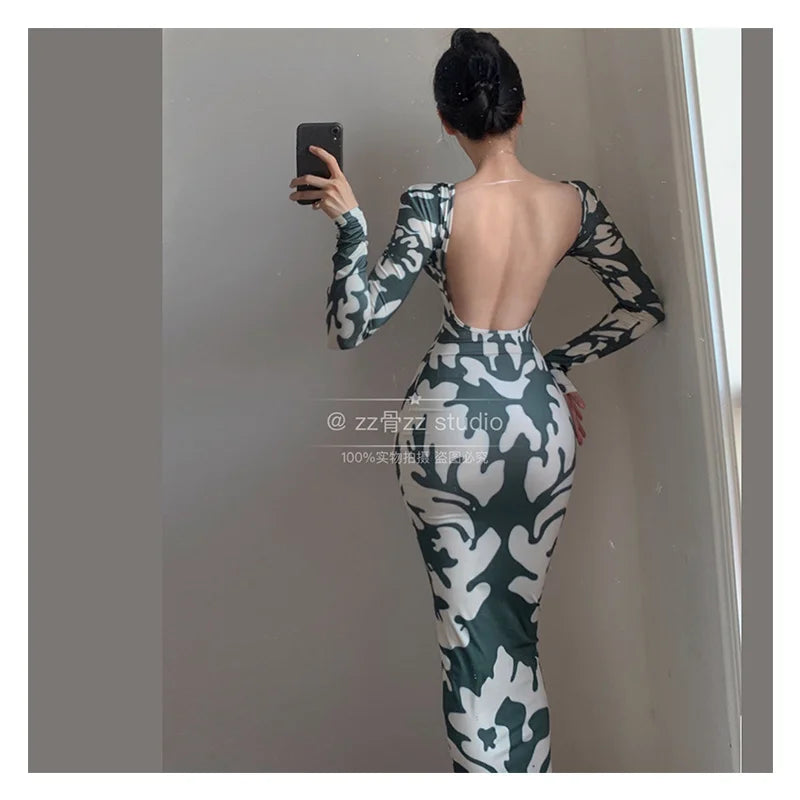 Winter New WOMENGAGA Sexy Backless Fashion Printing Elegant Skinny Slim Hip Maxi Dress Long Robe Hot Sexy Korean Women Top UC86 - Seprincess